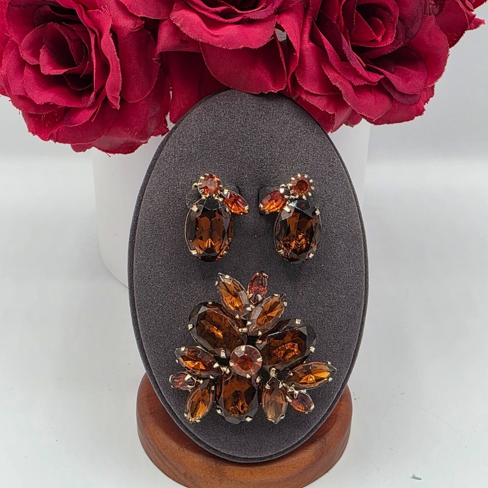 WEISS Brooch Earrings Set Amber Rhinestone Clip‎ Earrings Vintage Stunning Retro